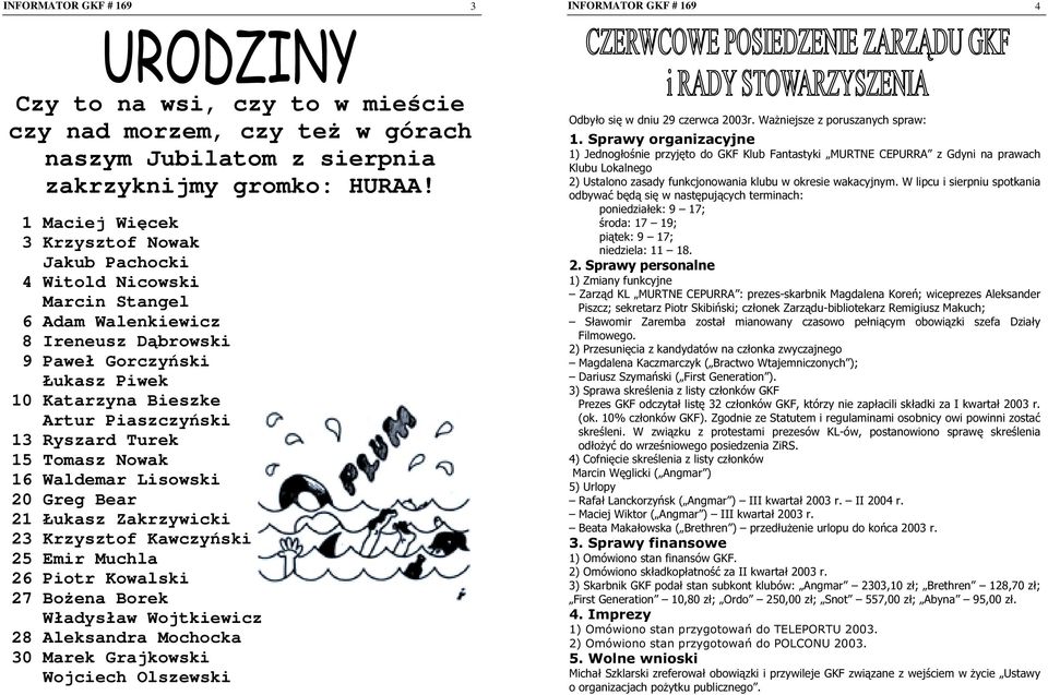 Ryszard Turek 15 Tomasz Nowak 16 Waldemar Lisowski 20 Greg Bear 21 Łukasz Zakrzywicki 23 Krzysztof Kawczyński 25 Emir Muchla 26 Piotr Kowalski 27 Bożena Borek Władysław Wojtkiewicz 28 Aleksandra