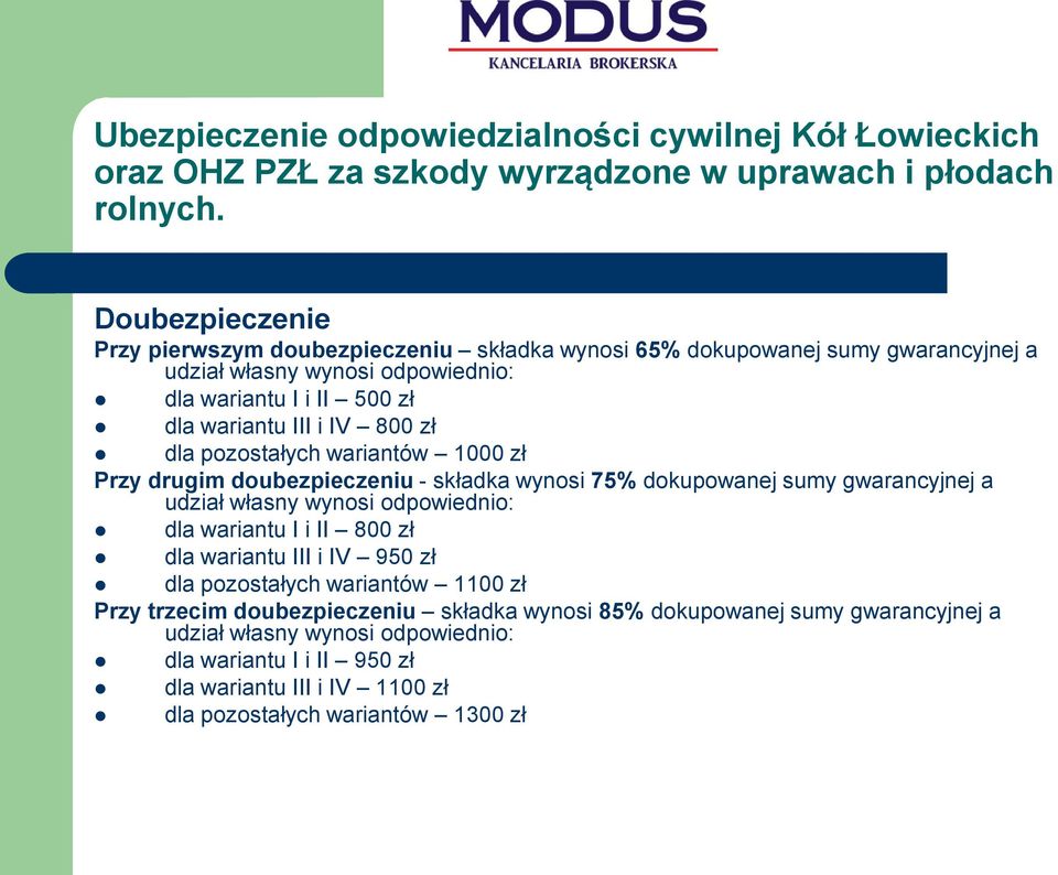 dla pozostałych wariantów 1000 zł Przy drugim doubezpieczeniu - składka wynosi 75% dokupowanej sumy gwarancyjnej a udział własny wynosi odpowiednio: dla wariantu I i II 800 zł dla