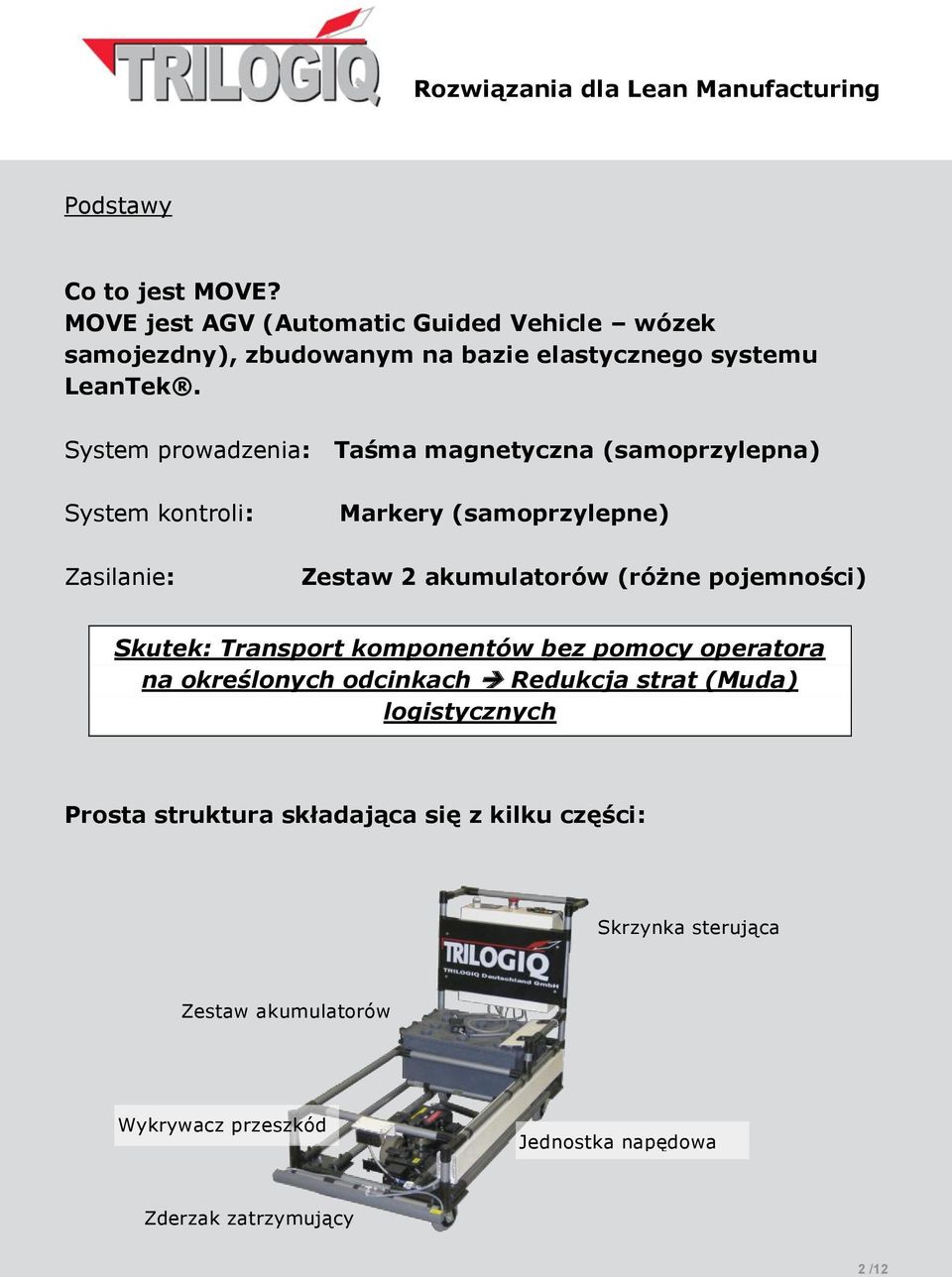 pojemności) Skutek: Transport komponentów bez pomocy operatora na określonych odcinkach Redukcja strat (Muda) logistycznych Prosta