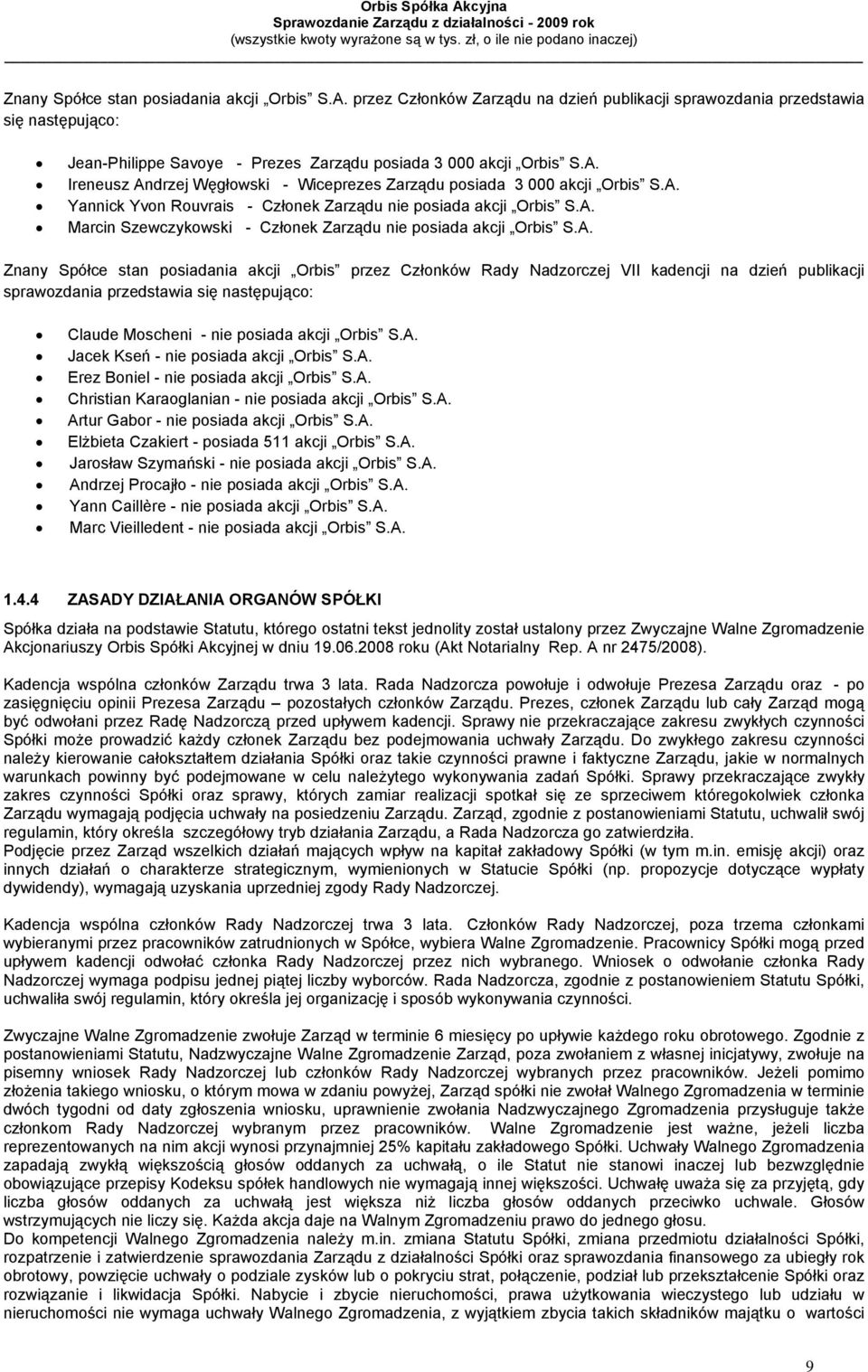 A. Jacek Kseń - nie posiada akcji Orbis S.A. Erez Boniel - nie posiada akcji Orbis S.A. Christian Karaoglanian - nie posiada akcji Orbis S.A. Artur Gabor - nie posiada akcji Orbis S.A. Elżbieta Czakiert - posiada 511 akcji Orbis S.