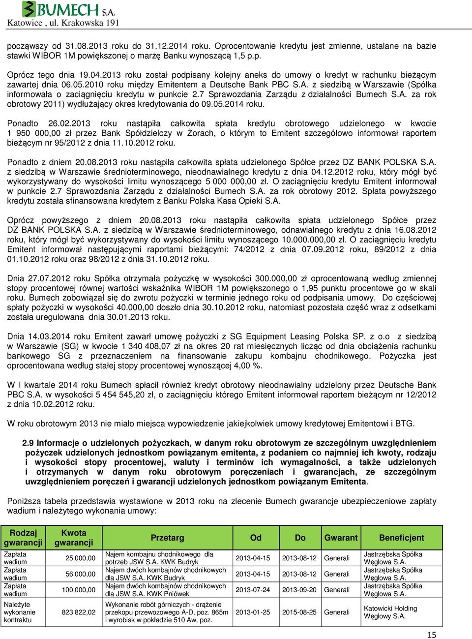 z siedzibą w Warszawie (Spółka informowała o zaciągnięciu kredytu w punkcie 2.7 Sprawozdania Zarządu z działalności Bumech S.A. za rok obrotowy 2011) wydłużający okres kredytowania do 09.05.2014 roku.