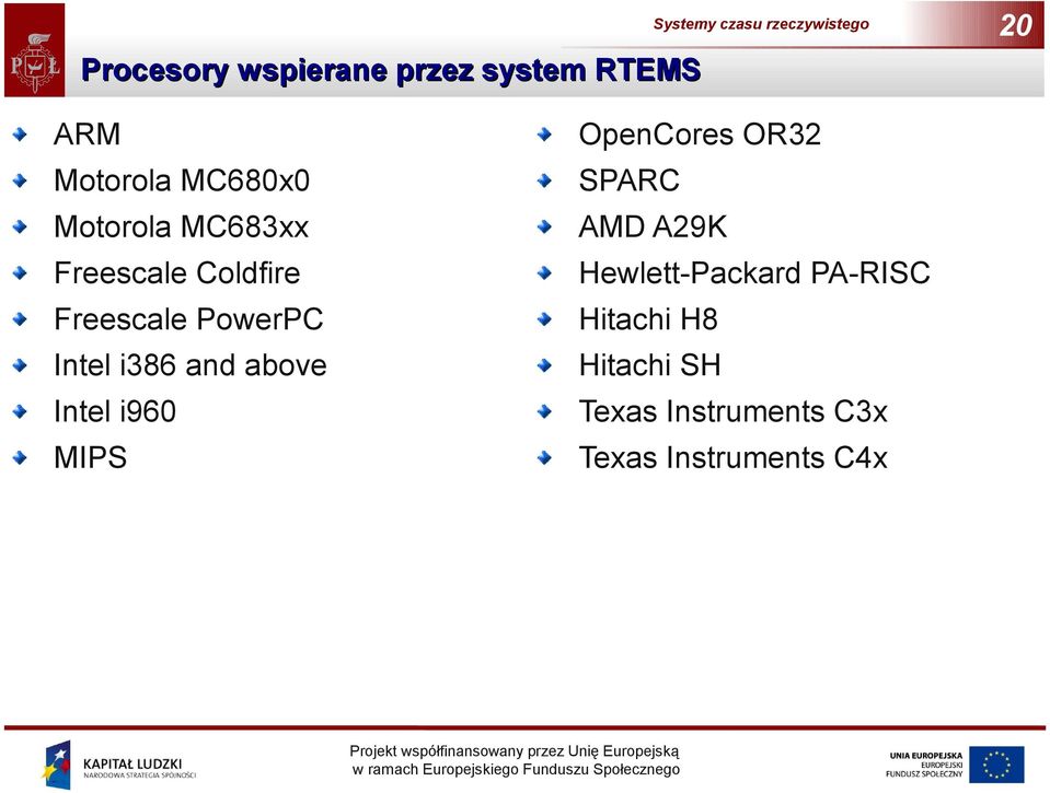 Intel i386 and above Intel i960 MIPS OpenCores OR32 SPARC AMD A29K