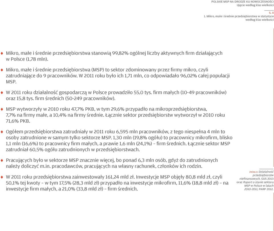 W 2011 roku działalność gospodarczą w Polsce prowadziło 55,0 tys. firm małych (10-49 pracowników) oraz 15,8 tys. firm średnich (50-249 pracowników).