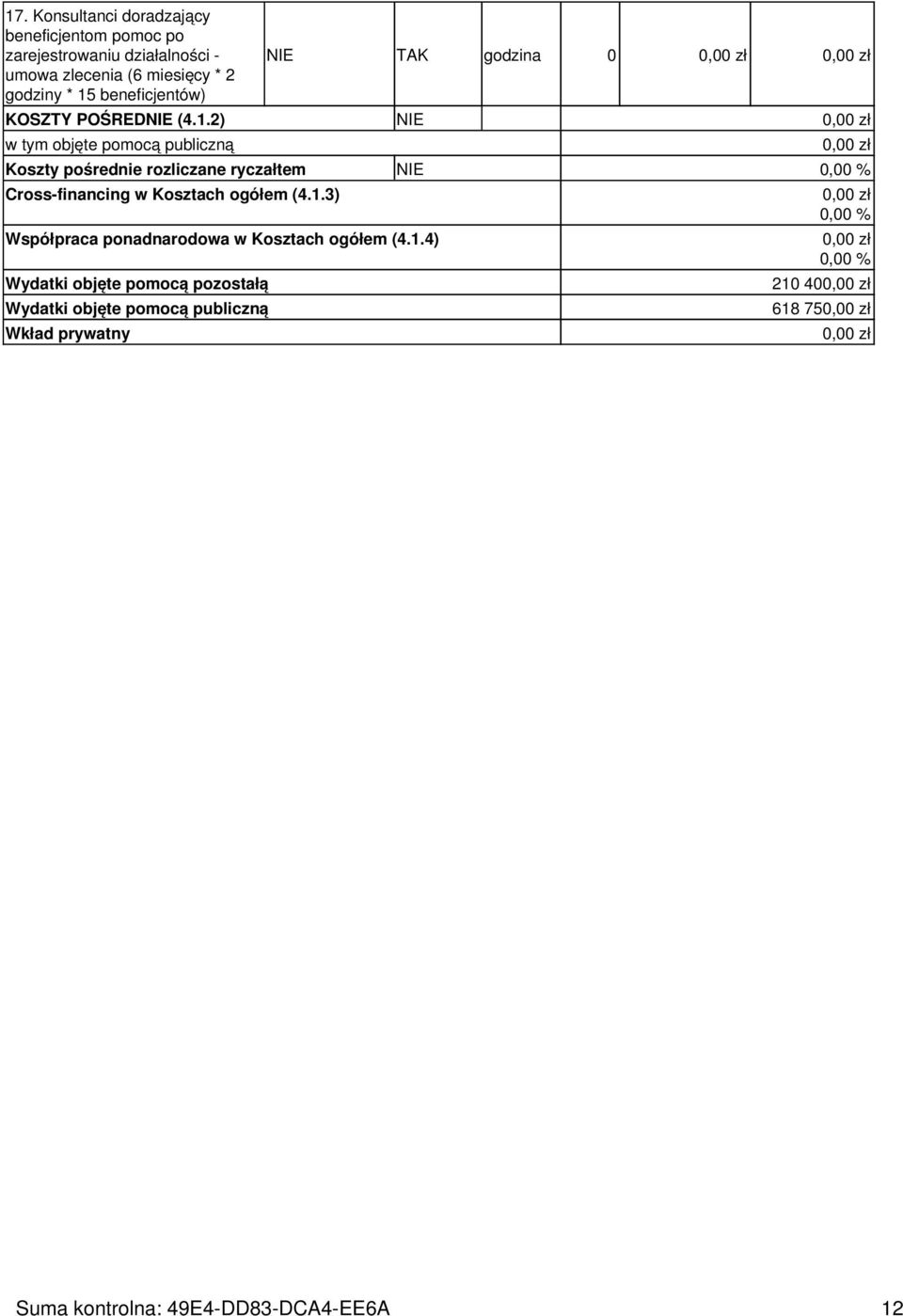 2) NIE w tym objęte pomocą publiczną Koszty pośrednie rozliczane ryczałtem NIE 0,00 % Cross-financing w Kosztach ogółem (4.1.