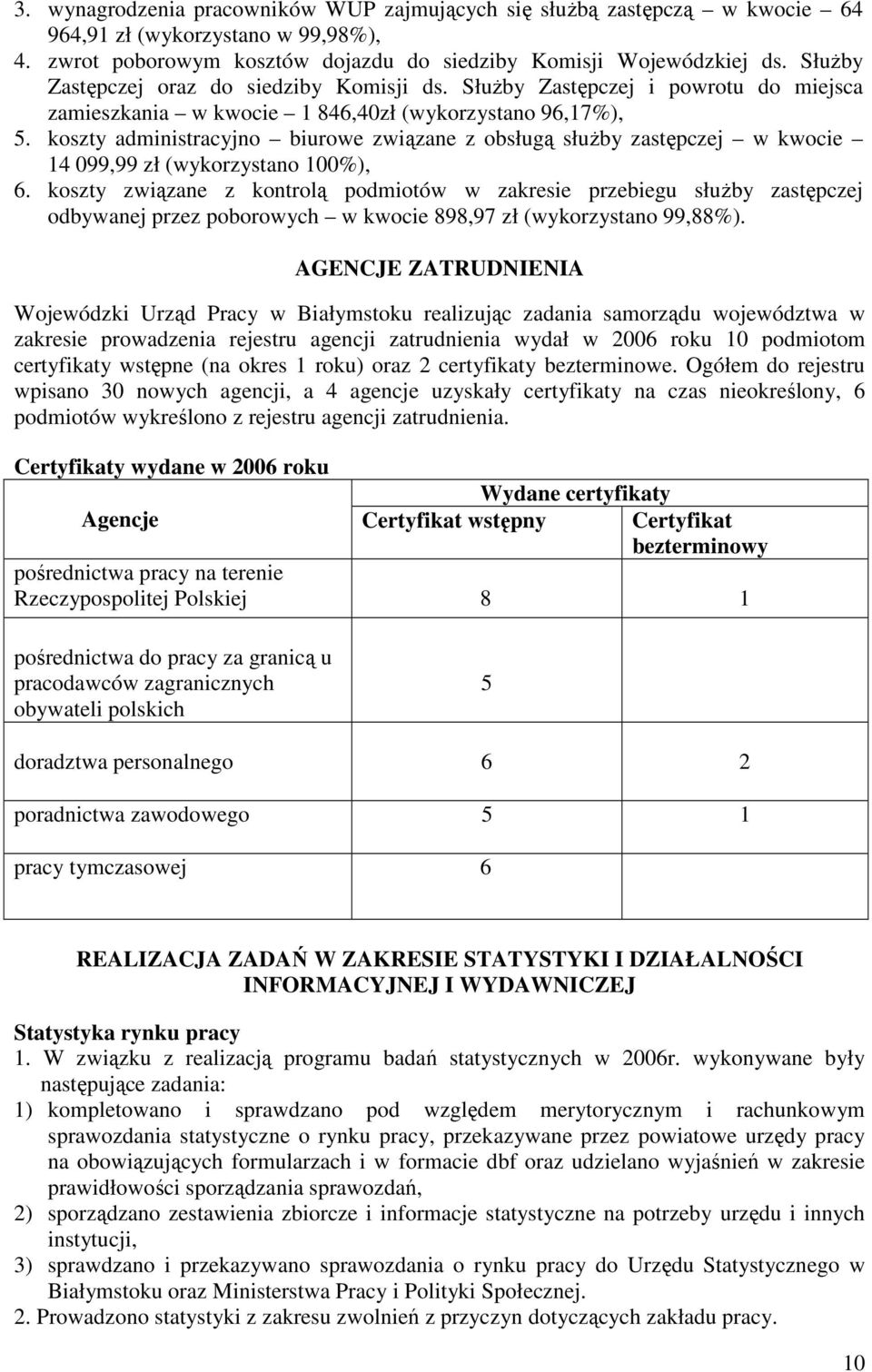 koszty administracyjno biurowe związane z obsługą słuŝby zastępczej w kwocie 14 099,99 zł (wykorzystano 100%), 6.