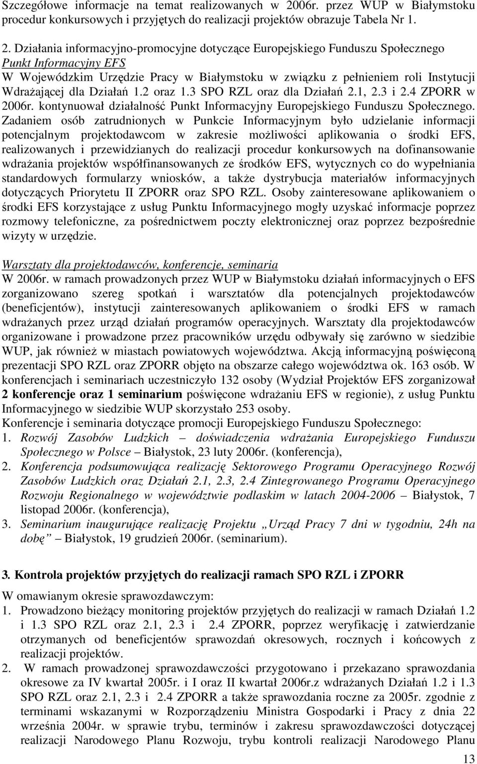 Działania informacyjno-promocyjne dotyczące Europejskiego Funduszu Społecznego Punkt Informacyjny EFS W Wojewódzkim Urzędzie Pracy w Białymstoku w związku z pełnieniem roli Instytucji WdraŜającej dla