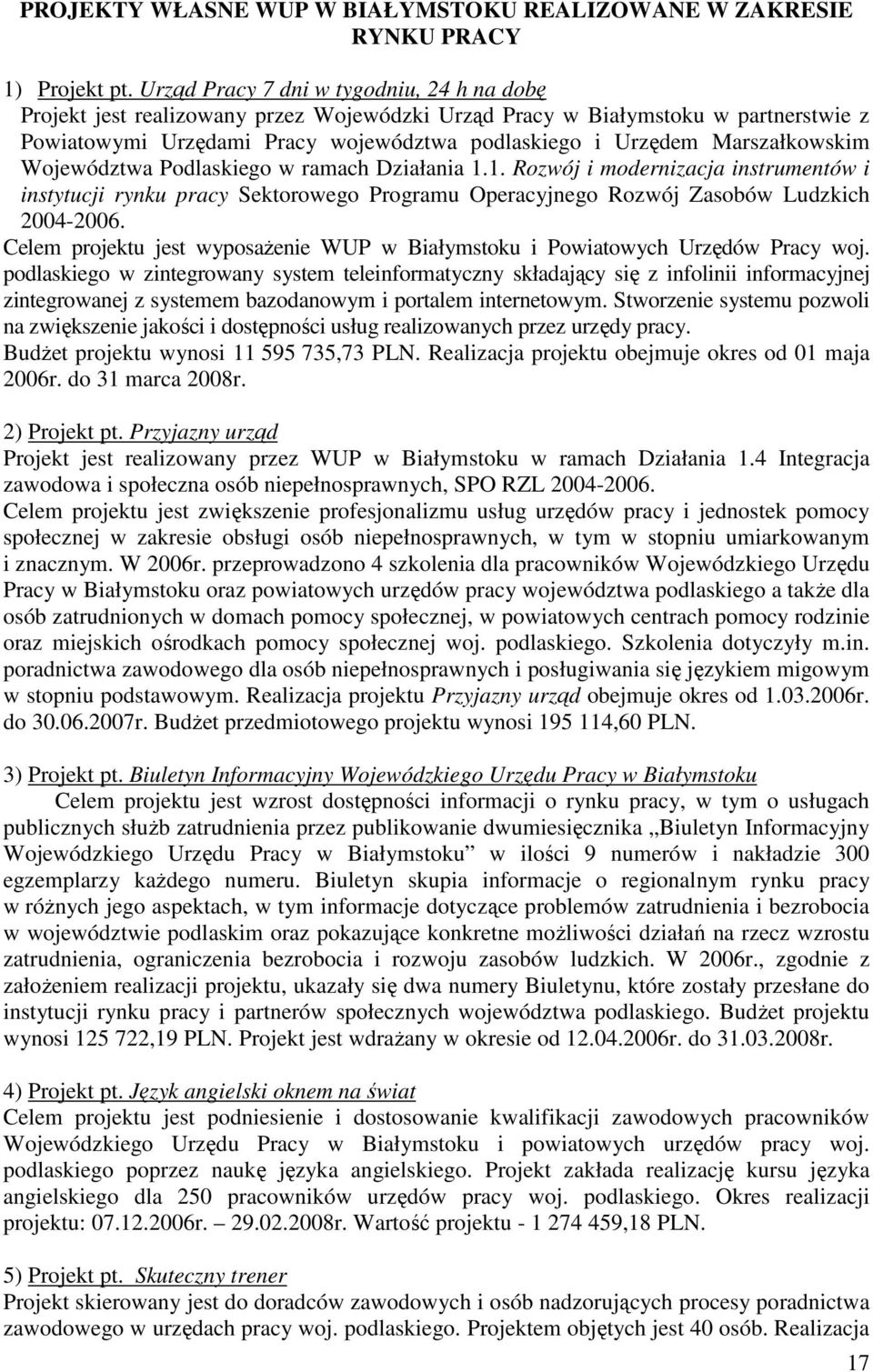 Marszałkowskim Województwa Podlaskiego w ramach Działania 1.1. Rozwój i modernizacja instrumentów i instytucji rynku pracy Sektorowego Programu Operacyjnego Rozwój Zasobów Ludzkich 2004-2006.