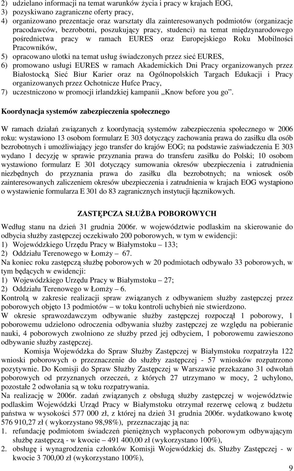 świadczonych przez sieć EURES, 6) promowano usługi EURES w ramach Akademickich Dni Pracy organizowanych przez Białostocką Sieć Biur Karier oraz na Ogólnopolskich Targach Edukacji i Pracy