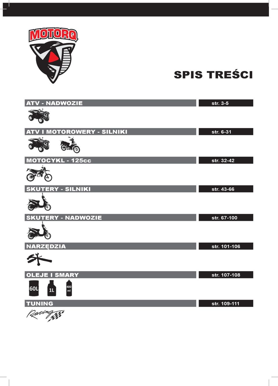 6-31 MOTOCYKL - 125cc str. 32-42 SKUTERY - SILNIKI str.