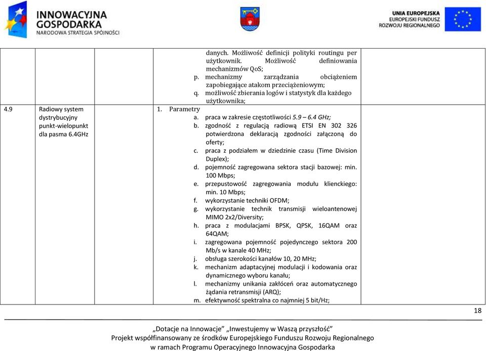 4 GHz; b. zgodność z regulacją radiową ETSI EN 302 326 potwierdzona deklaracją zgodności załączoną do oferty; c. praca z podziałem w dziedzinie czasu (Time Division Duplex); d.