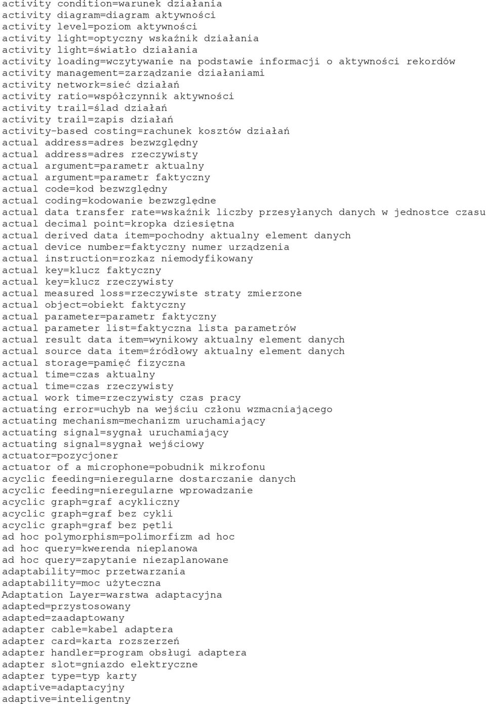 działań activity trail=zapis działań activity-based costing=rachunek kosztów działań actual address=adres bezwzględny actual address=adres rzeczywisty actual argument=parametr aktualny actual