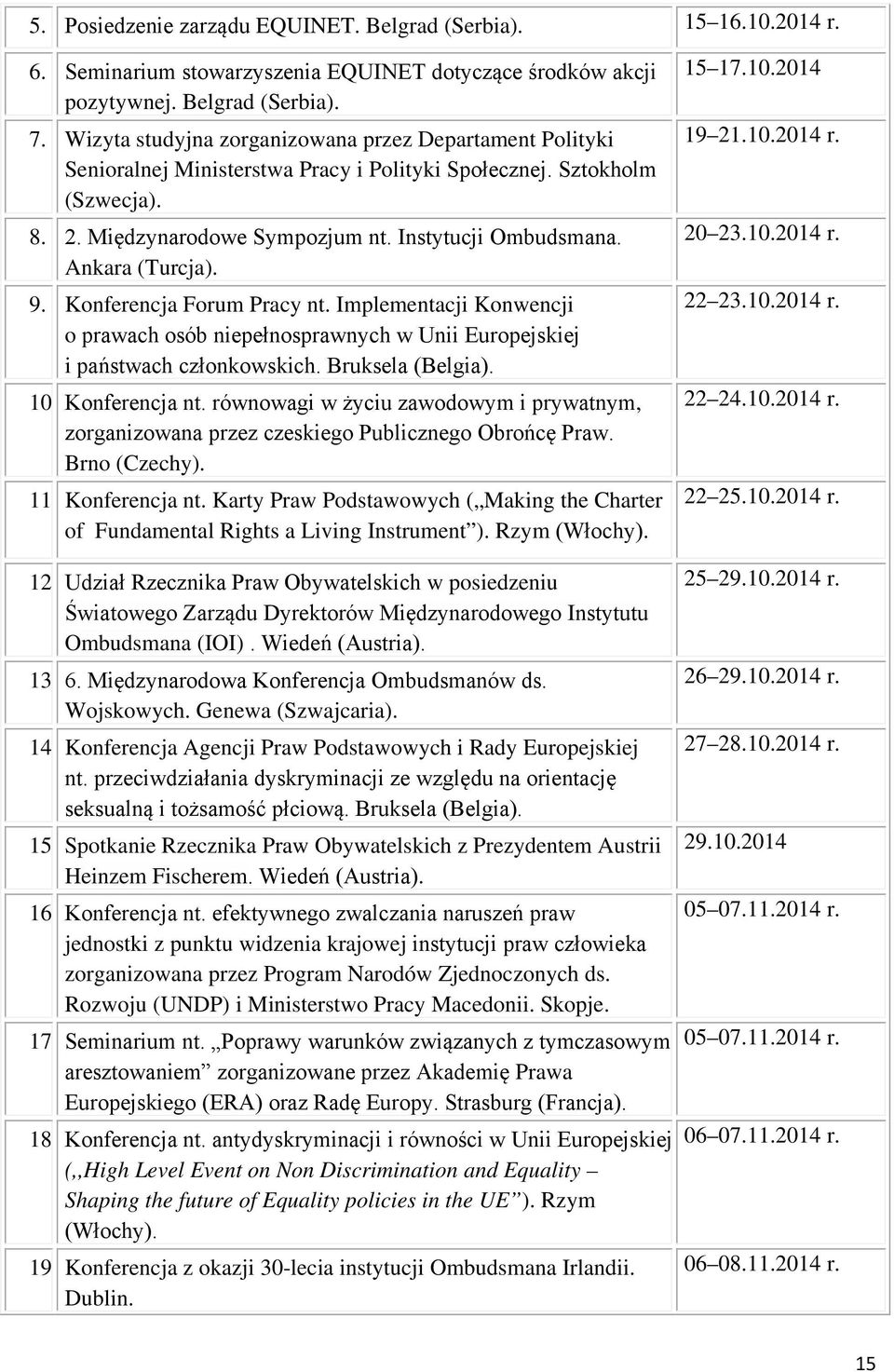 Ankara (Turcja). 9. Konferencja Forum Pracy nt. Implementacji Konwencji o prawach osób niepełnosprawnych w Unii Europejskiej i państwach członkowskich. Bruksela (Belgia). 10 Konferencja nt.