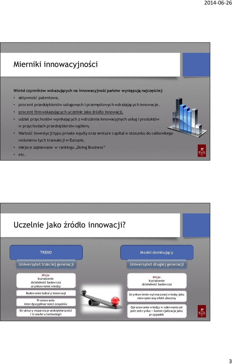 private equity oraz venture capital w stosunku do całkowitego wolumenu tych transakcji w Europie, miejsce zajmowane w rankingu Doing Business etc. Uczelnie jako źródło innowacji?