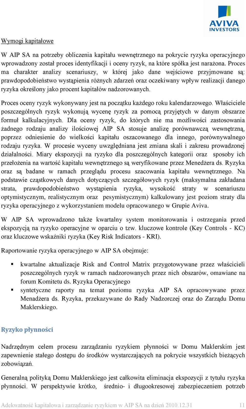 procent kapitałów nadzorowanych. Proces oceny ryzyk wykonywany jest na początku każdego roku kalendarzowego.