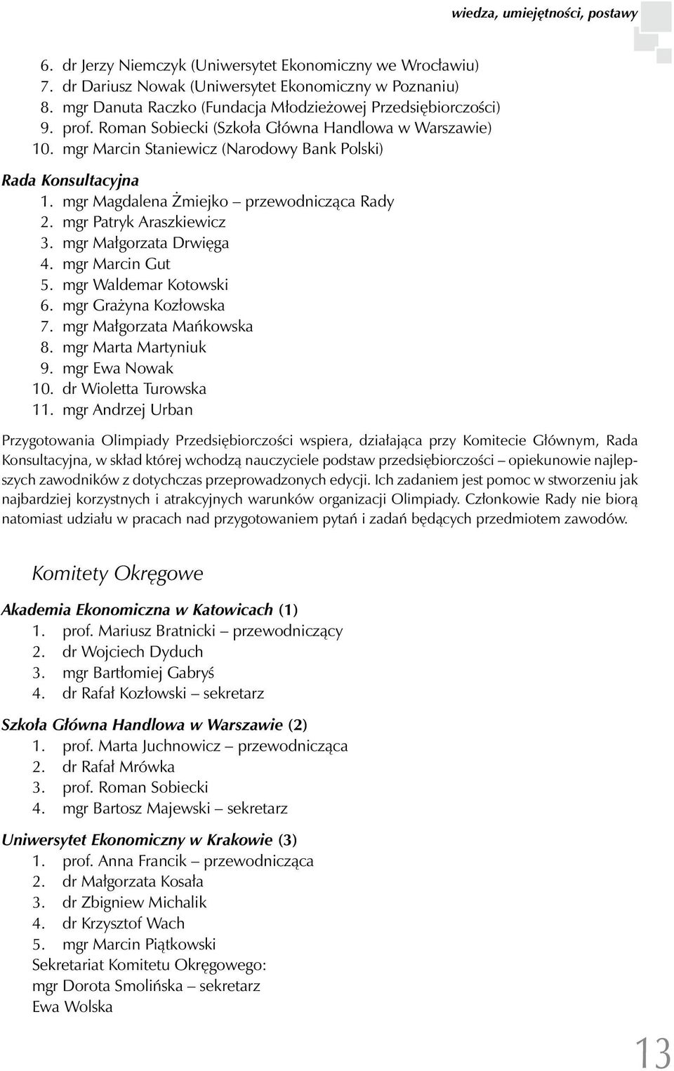 mgr Magdalena Żmiejko przewodnicząca Rady 2. mgr Patryk Araszkiewicz 3. mgr Małgorzata Drwięga 4. mgr Marcin Gut 5. mgr Waldemar Kotowski 6. mgr Grażyna Kozłowska 7. mgr Małgorzata Mańkowska 8.