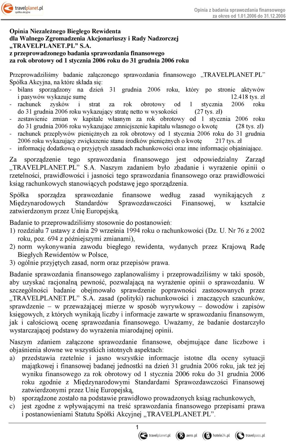 ELPLANET.PL S.A. z przeprowadzonego badania sprawozdania finansowego za rok obrotowy od 1 stycznia 2006 roku do 31 grudnia 2006 roku Przeprowadziliśmy badanie załączonego sprawozdania finansowego TRAVELPLANET.