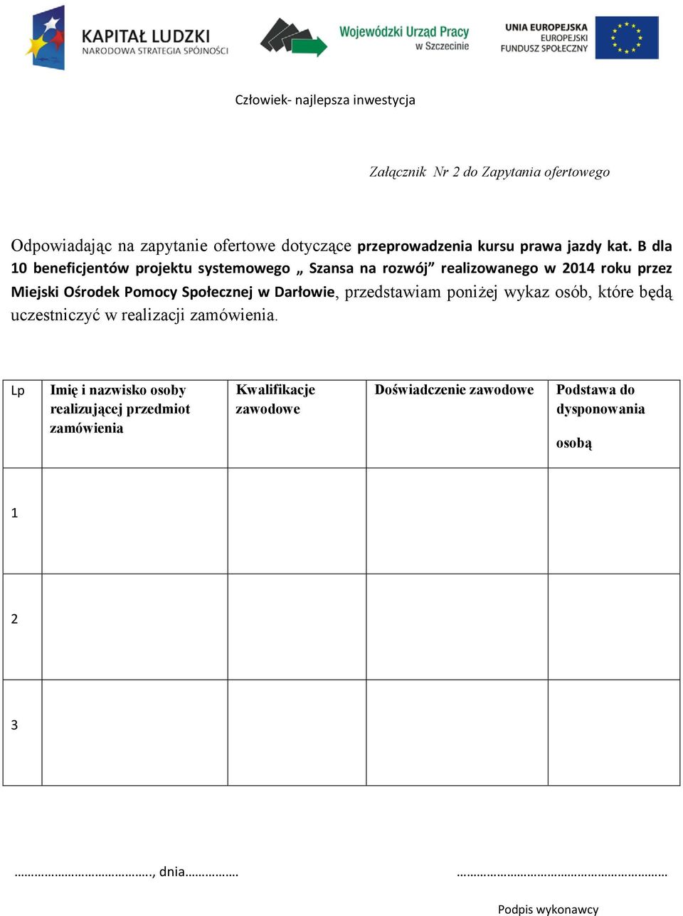 w Darłowie, przedstawiam poniżej wykaz osób, które będą uczestniczyć w realizacji zamówienia.