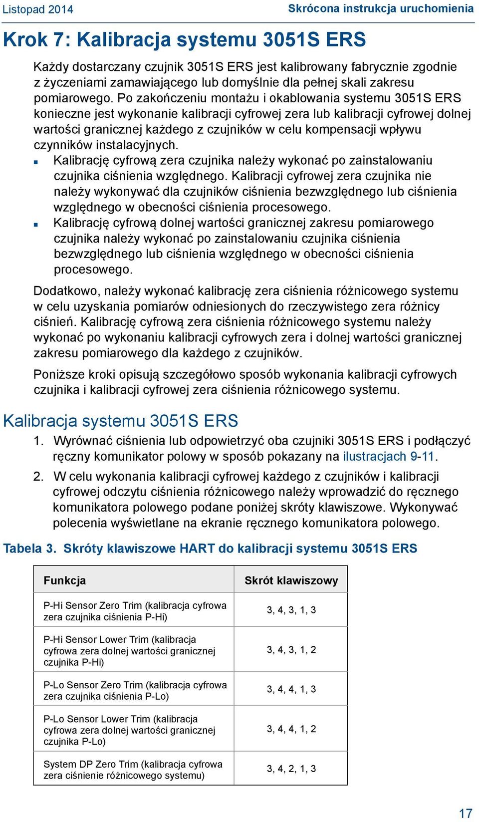 Po zakończeniu montażu i okablowania systemu 3051S ERS konieczne jest wykonanie kalibracji cyfrowej zera lub kalibracji cyfrowej dolnej wartości granicznej każdego z czujników w celu kompensacji