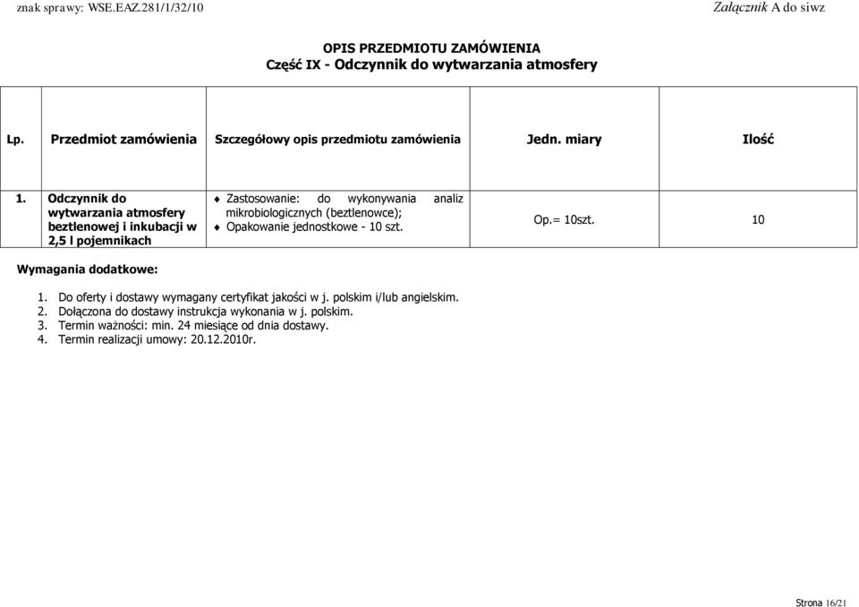 (beztlenowce); Opakowanie jednostkowe - 10 szt. Op.= 10szt. 10 1. Do oferty i dostawy wymagany certyfikat jakości w j.