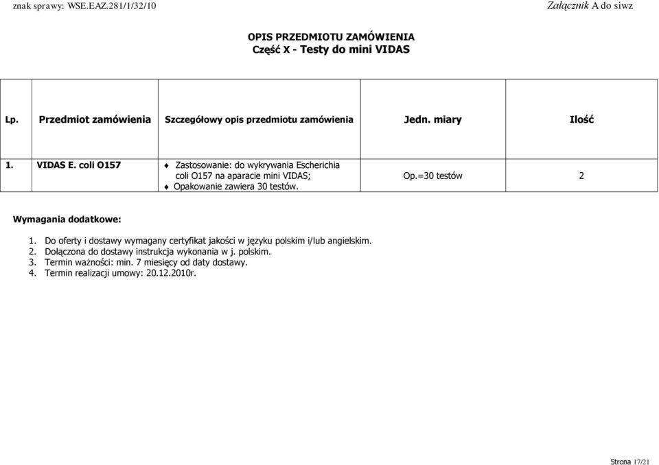 coli O157 Zastosowanie: do wykrywania Escherichia coli O157 na aparacie mini VIDAS; Opakowanie zawiera 30 testów.