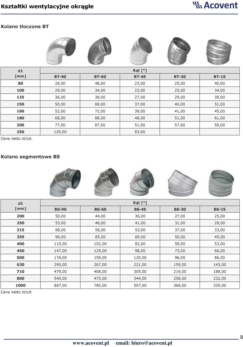 d1 Kąt [ ] BS-90 BS-60 BS-45 BS-30 BS-15 200 50,00 44,00 36,00 27,00 25,00 250 53,00 46,00 41,00 31,00 28,00 315 68,00 56,00 53,00 37,00 33,00 355 96,00 85,00 69,00 50,00 45,00 400 115,00 102,00