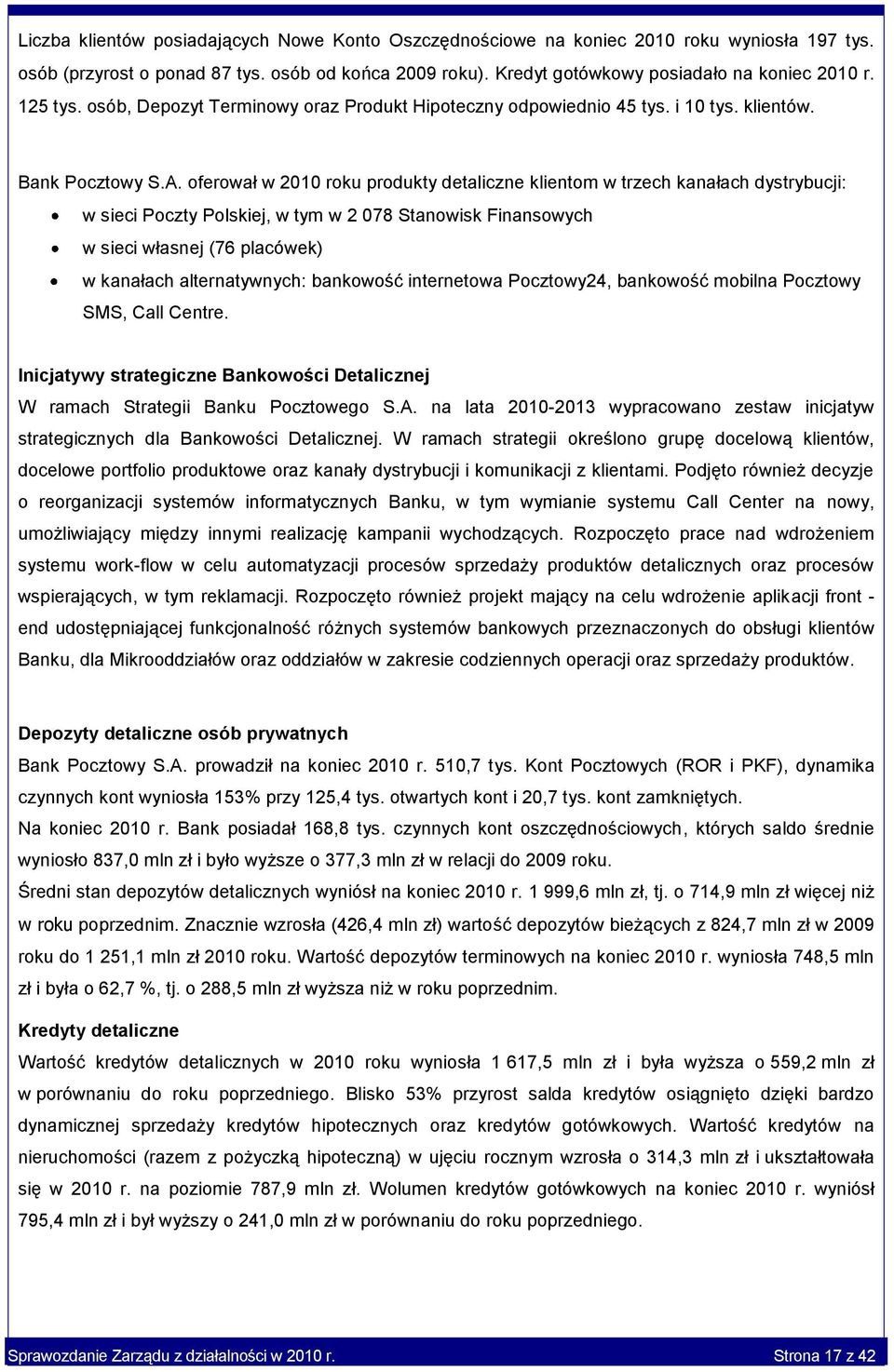 oferował w 2010 roku produkty detaliczne klientom w trzech kanałach dystrybucji: w sieci Poczty Polskiej, w tym w 2 078 Stanowisk Finansowych w sieci własnej (76 placówek) w kanałach alternatywnych: