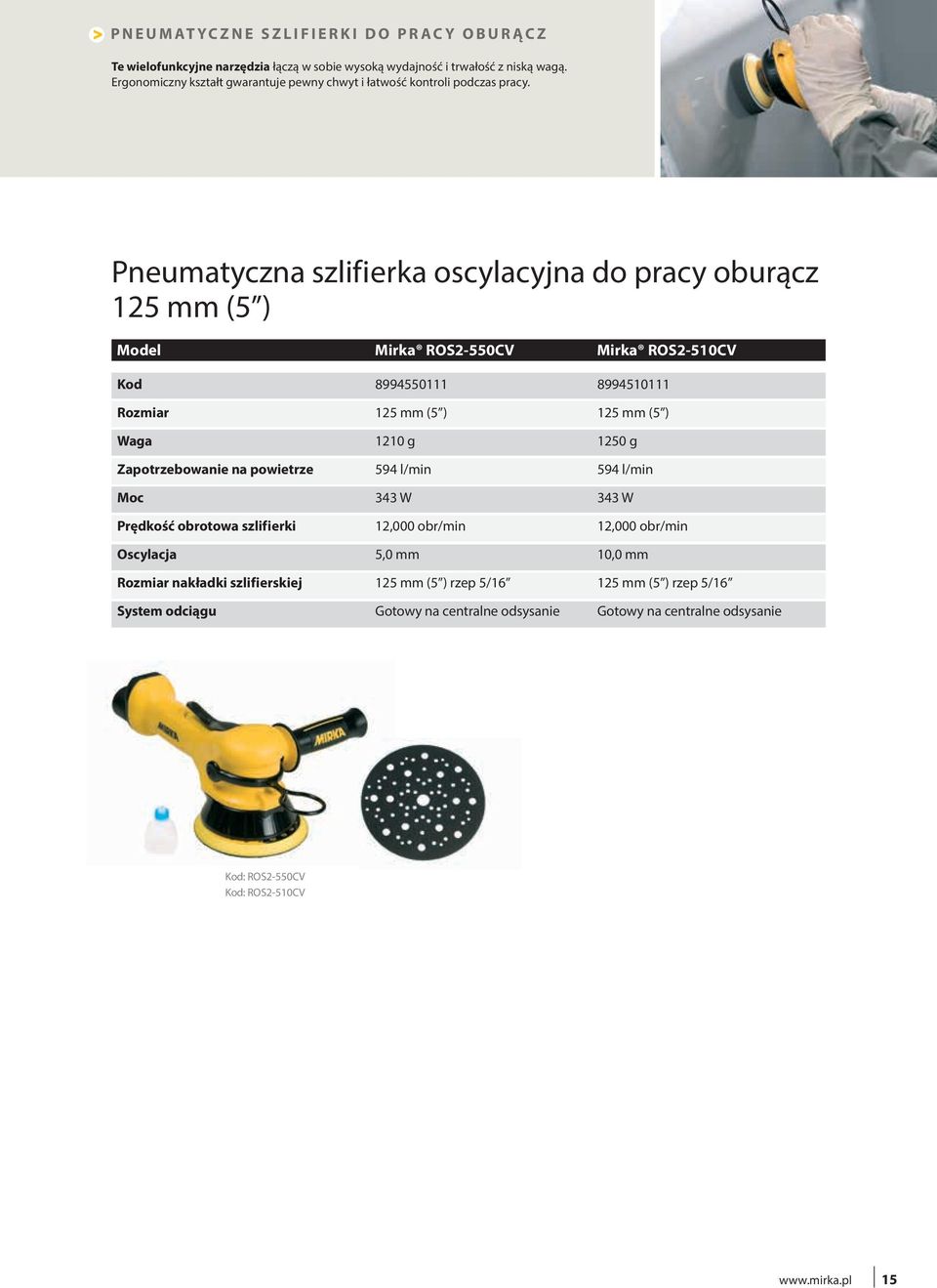 Pneumatyczna szlifierka oscylacyjna do pracy oburącz 125 mm (5 ) Model Mirka ROS2-550CV Mirka ROS2-510CV 8994550111 8994510111 Rozmiar 125 mm (5 ) 125 mm (5 ) Waga 1210 g 1250 g