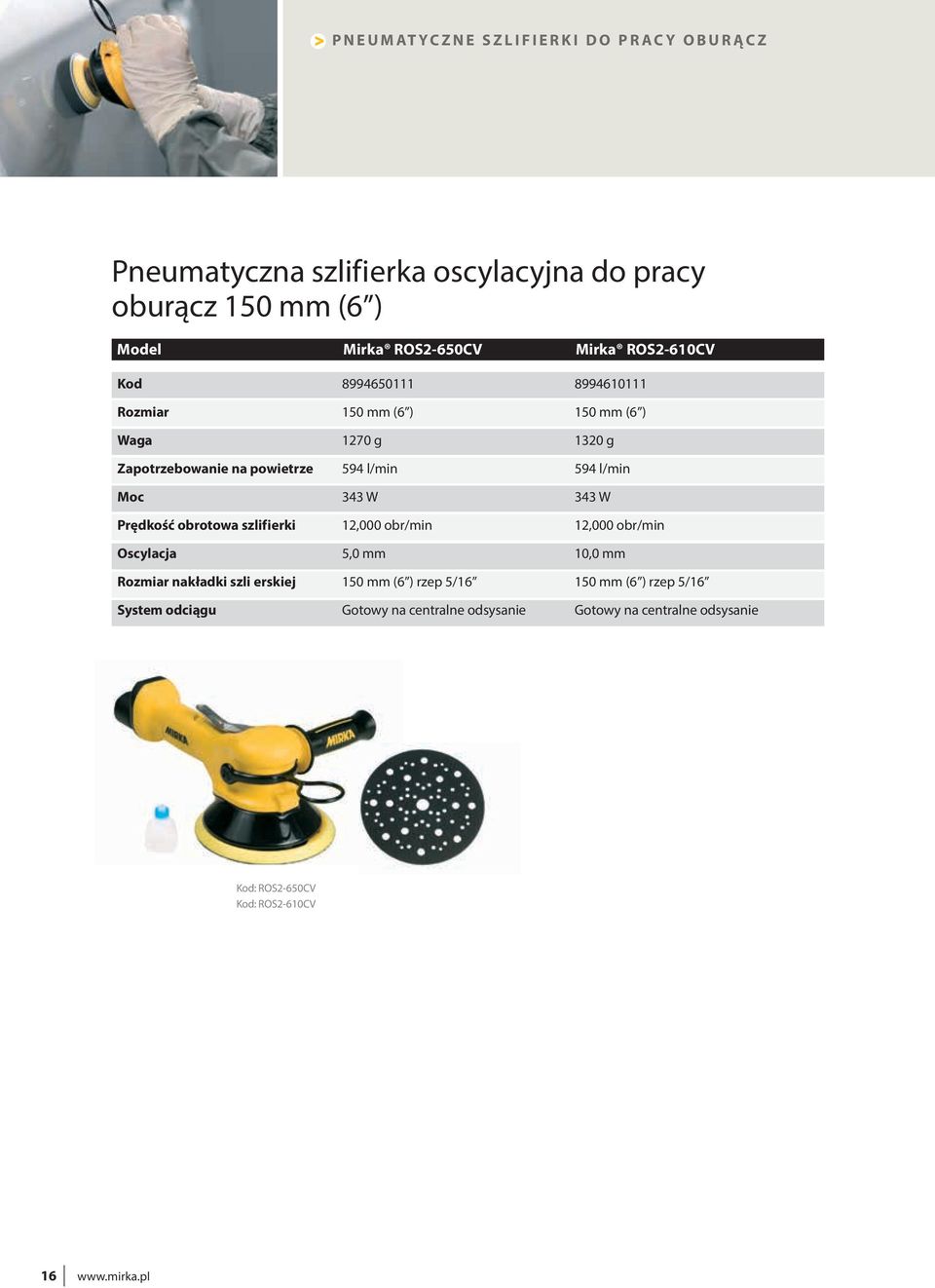 343 W 343 W Prędkość obrotowa szlifierki 12,000 obr/min 12,000 obr/min Oscylacja 5,0 mm 10,0 mm Rozmiar nakładki szli erskiej 150 mm (6 )