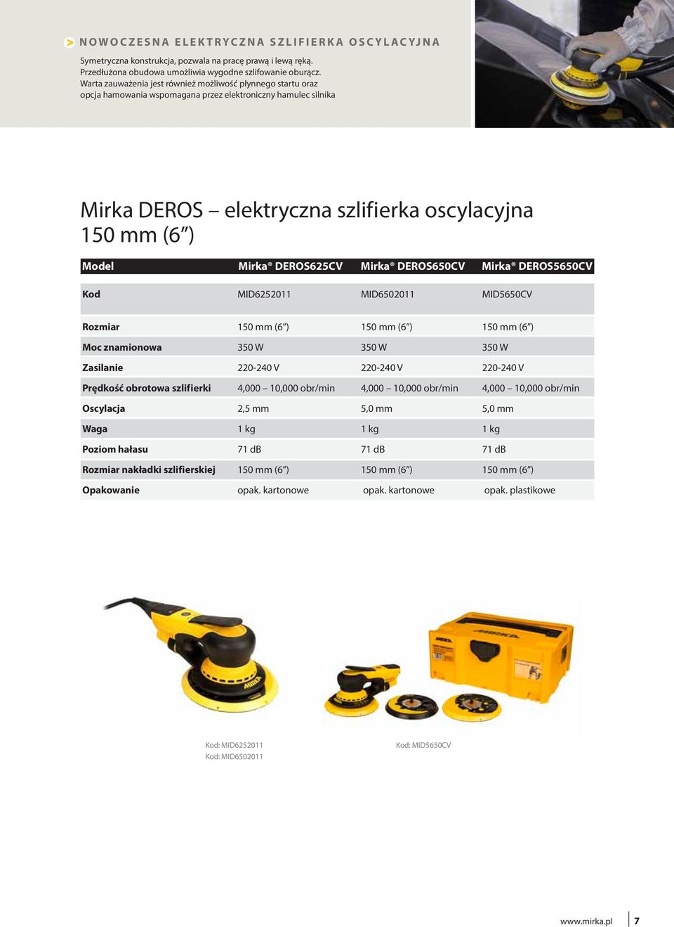 DEROS625CV Mirka DEROS650CV Mirka DEROS5650CV MID6252011 MID6502011 MID5650CV Rozmiar 150 mm (6 ) 150 mm (6 ) 150 mm (6 ) Moc znamionowa 350 W 350 W 350 W Zasilanie 220-240 V 220-240 V 220-240 V