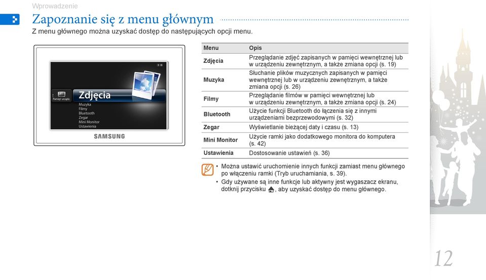 19) Słuchanie plików muzycznych zapisanych w pamięci Muzyka wewnętrznej lub w urządzeniu zewnętrznym, a także zmiana opcji (s.