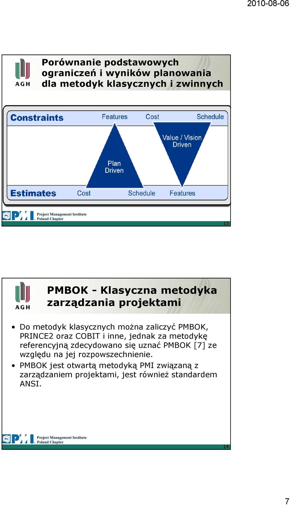 COBIT i inne, jednak za metodykę referencyjną zdecydowano się uznać PMBOK [7] ze względu na jej