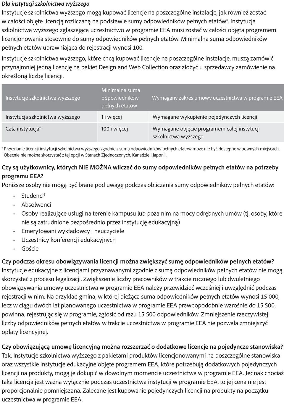 Instytucja szkolnictwa wyższego zgłaszająca uczestnictwo w programie EEA musi zostać w całości objęta programem licencjonowania stosownie do sumy  Minimalna suma odpowiedników pełnych etatów