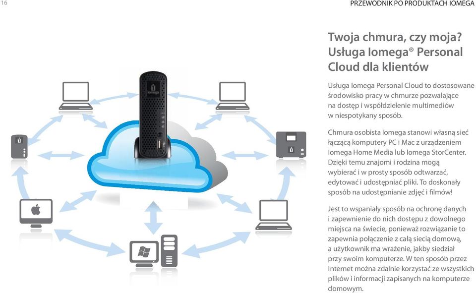 Chmura osobista Iomega stanowi własną sieć łączącą komputery PC i Mac z urządzeniem Iomega Home Media lub Iomega StorCenter.