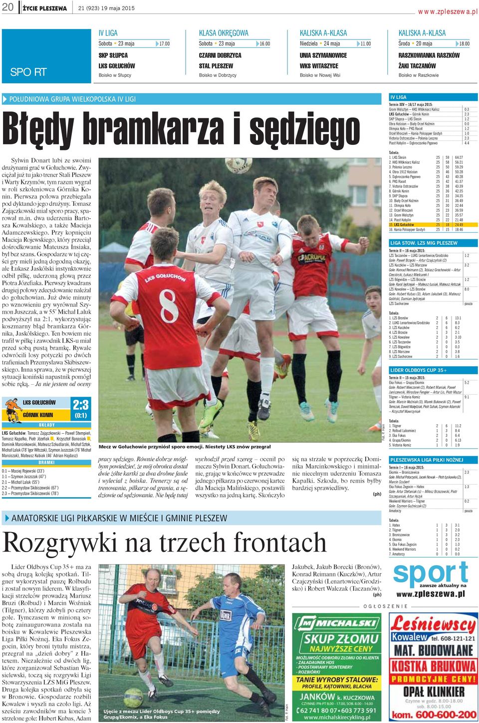 POŁUDNIOWA GRUPA WIELKOPOLSKA IV LIGI Błędy bramkarza i sędziego IV LIGA Termin XXV 16/17 maja 2015: Grom Wolsztyn KKS Włókniarz Kalisz 0:3 LKS Gołuchów Górnik Konin 2:3 SKP Słupca LKS Ślesin 1:2