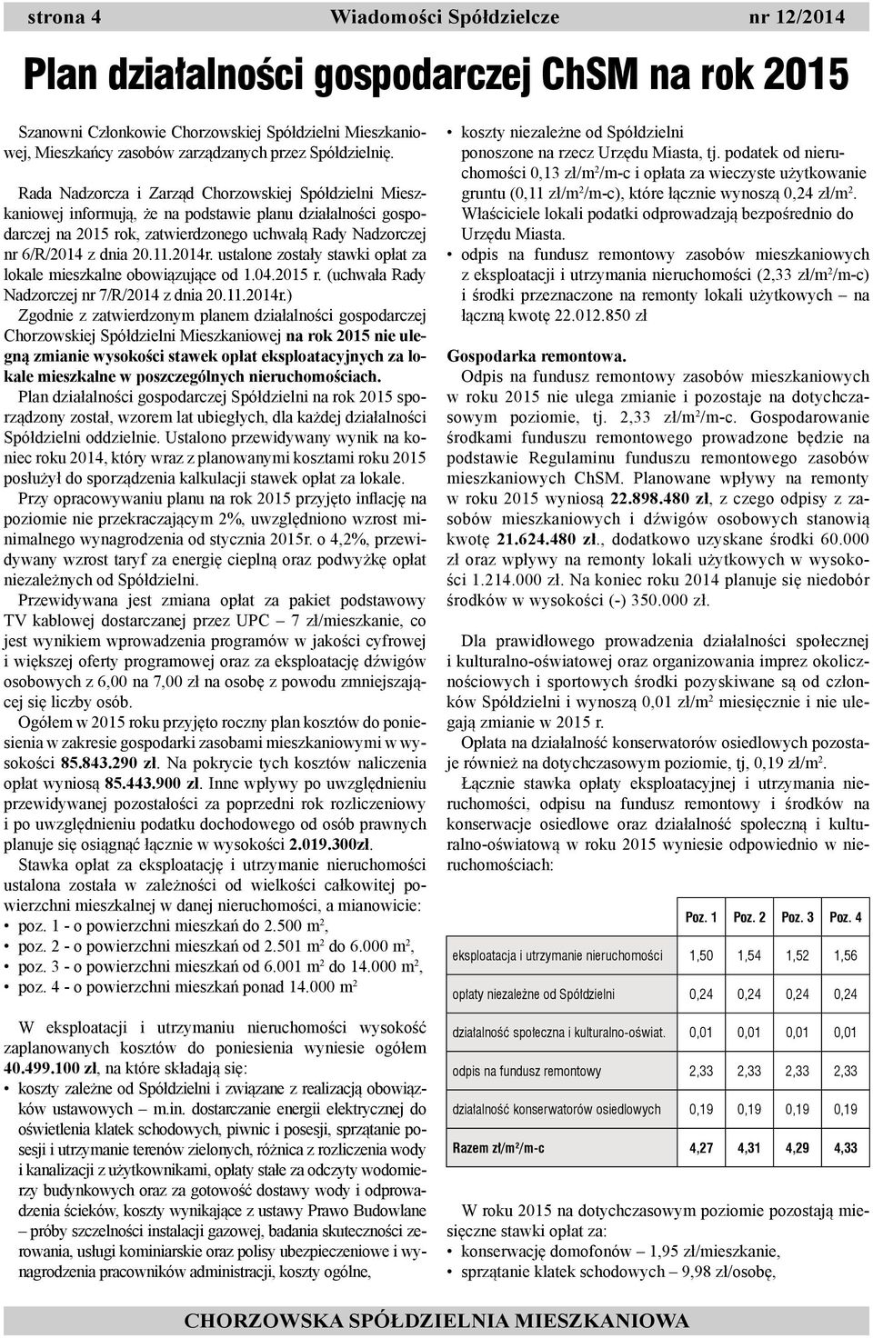 Rada Nadzorcza i Zarząd Chorzowskiej Spółdzielni Mieszkaniowej informują, że na podstawie planu działalności gospodarczej na 2015 rok, zatwierdzonego uchwałą Rady Nadzorczej nr 6/R/2014 z dnia 20.11.
