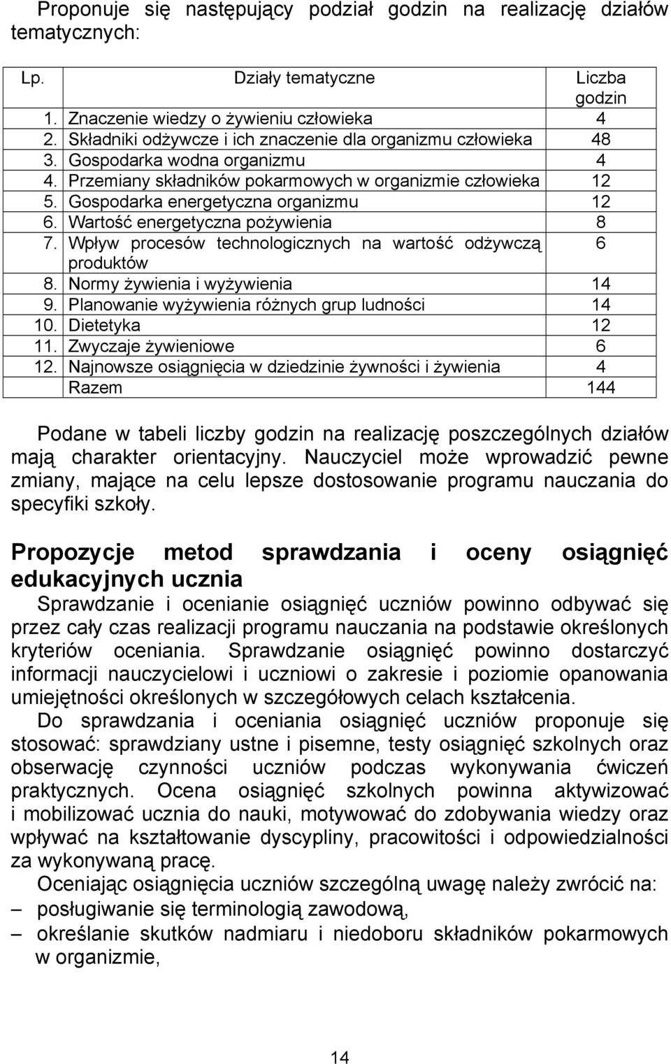 Wartość energetyczna pożywienia 8 7. Wpływ procesów technologicznych na wartość odżywczą 6 produktów 8. Normy żywienia i wyżywienia 14 9. Planowanie wyżywienia różnych grup ludności 14 10.