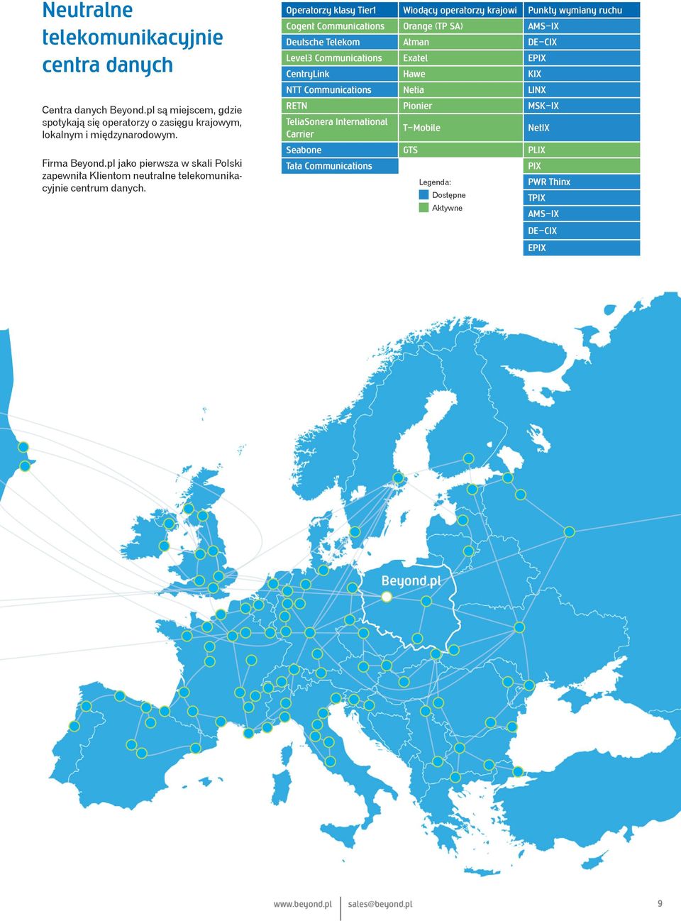 Operatorzy klasy Tier1 Wiodący operatorzy krajowi Punkty wymiany ruchu Cogent Communications Orange (TP SA) AMS- IX Deutsche Telekom Atman DE- CIX Level3 Communications Exatel