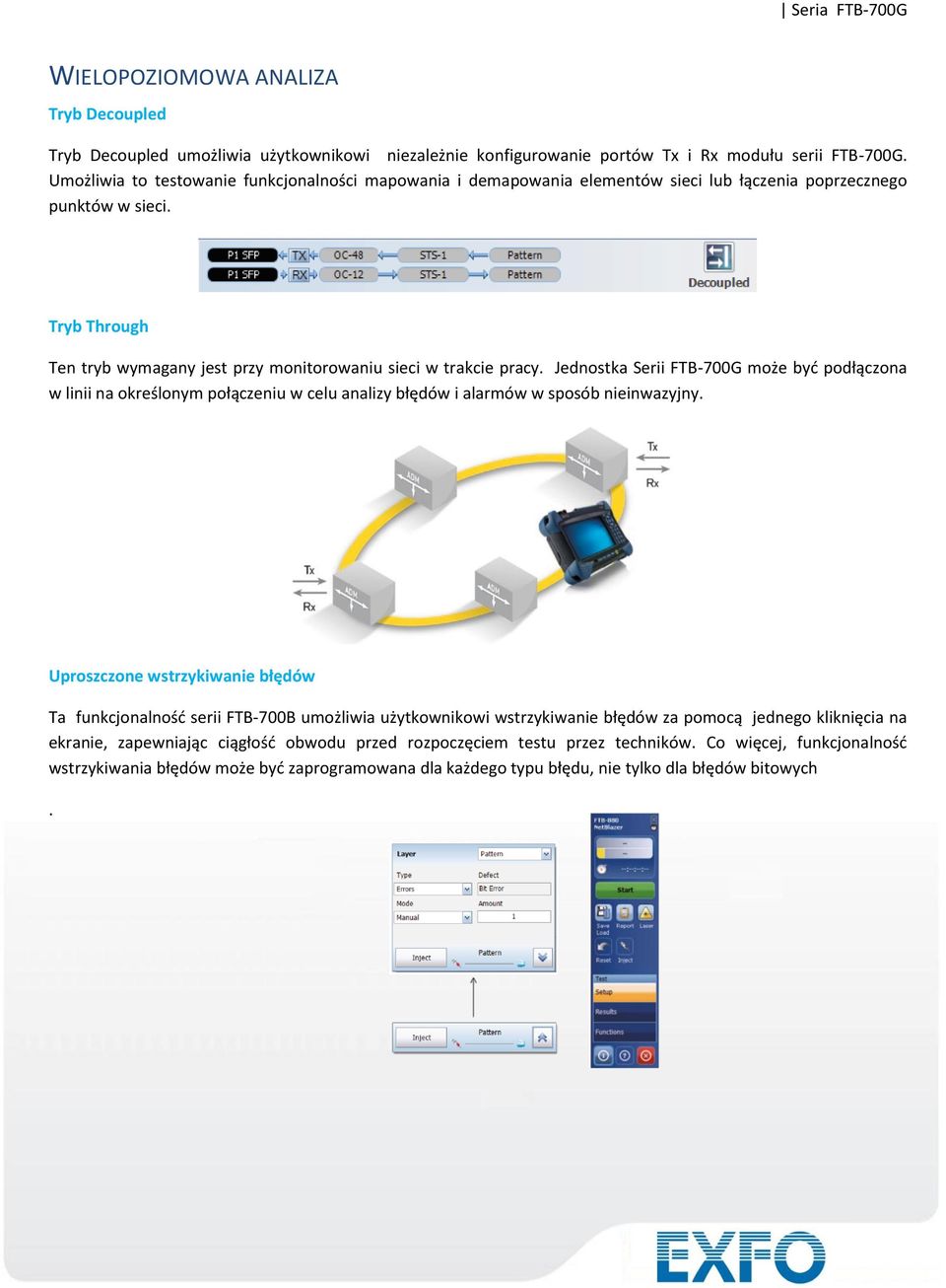 Jednostka Serii FTB-700G może byd podłączona w linii na określonym połączeniu w celu analizy błędów i alarmów w sposób nieinwazyjny.