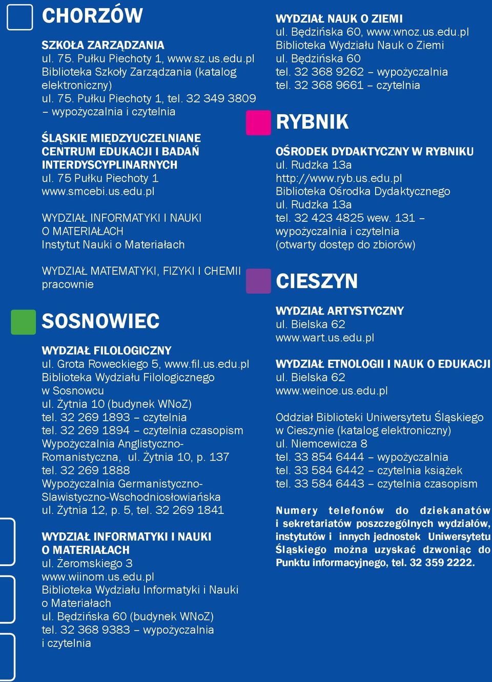 pl WYDZIAŁ INFORMATYKI I NAUKI O MATERIAŁACH Instytut Nauki o Materiałach WYDZIAŁ MATEMATYKI, FIZYKI I CHEMII pracownie SOSNOWIEC WYDZIAŁ FILOLOGICZNY ul. Grota Roweckiego 5, www.fil.us.edu.