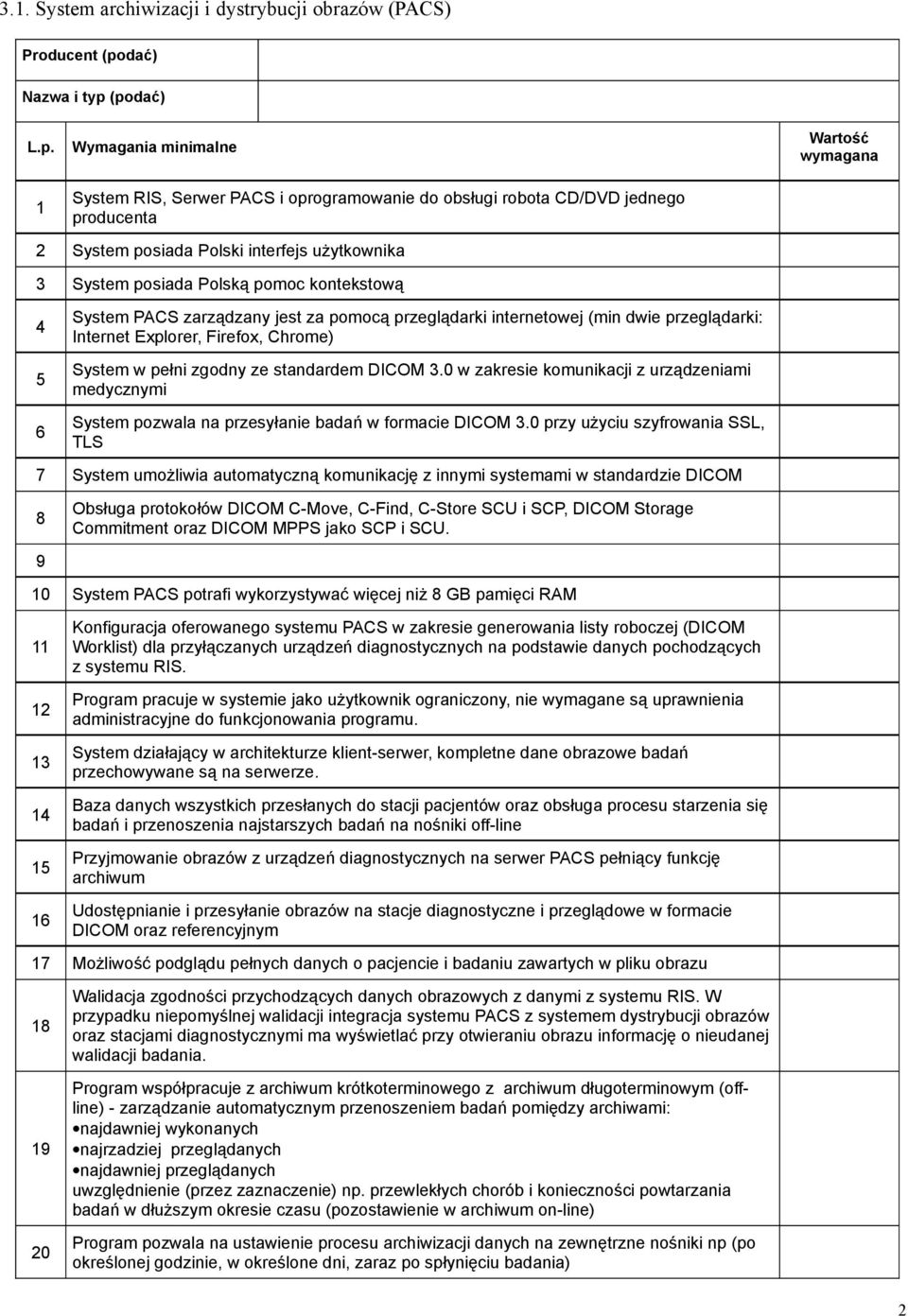 (podać) L.p. Wymagania minimalne System RIS, Serwer PACS i oprogramowanie do obsługi robota CD/DVD jednego producenta Wartość wymagana 2 System posiada Polski interfejs użytkownika 3 System posiada