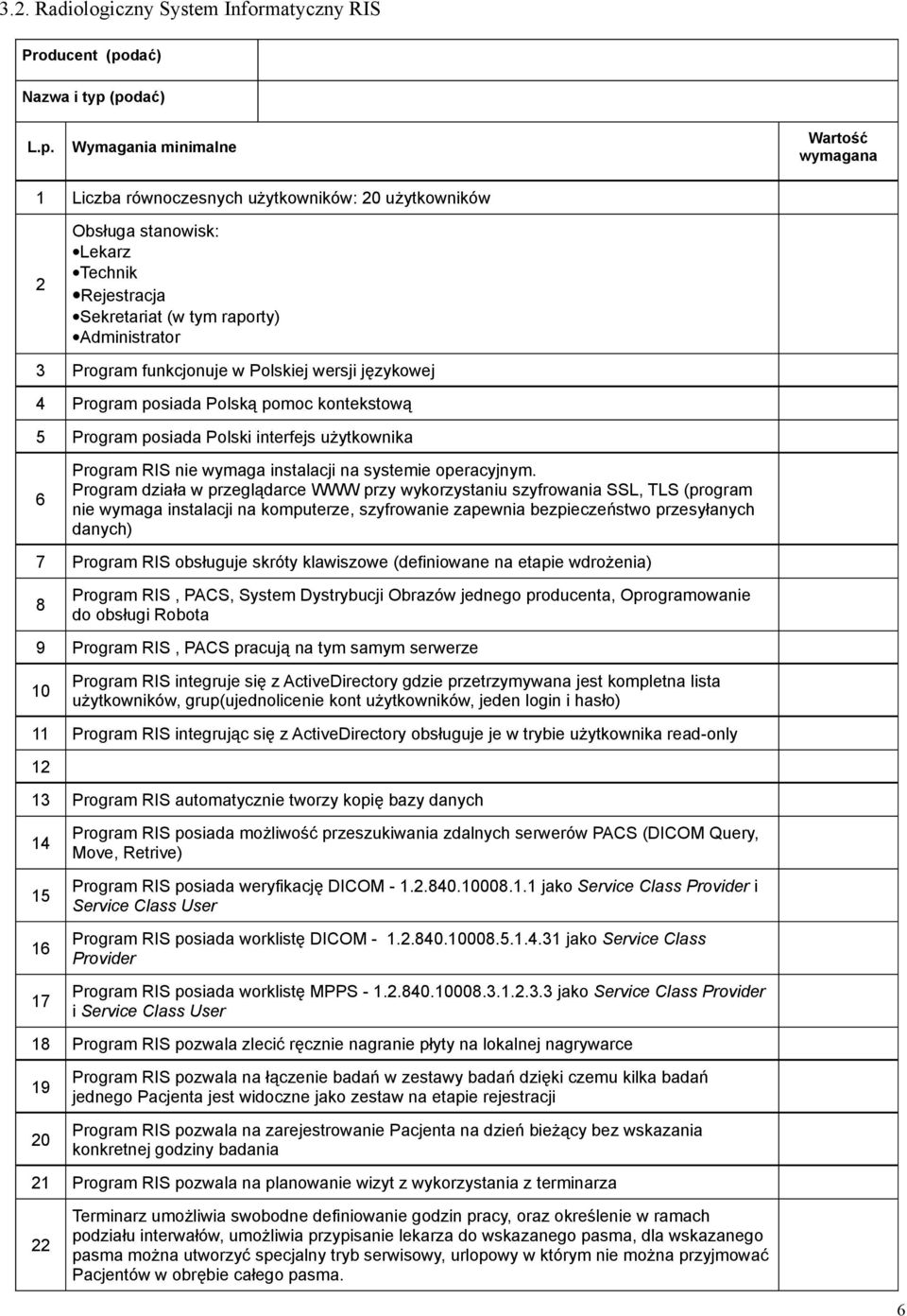 (podać) L.p. Wymagania minimalne Wartość wymagana Liczba równoczesnych użytkowników: 20 użytkowników 2 Obsługa stanowisk: Lekarz Technik Rejestracja Sekretariat (w tym raporty) Administrator 3