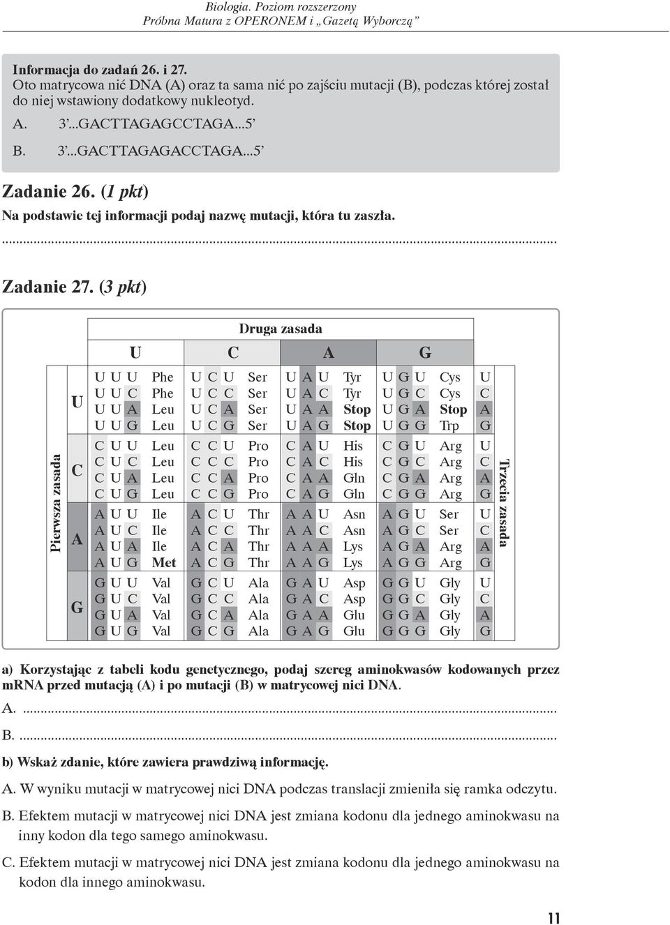 (3 pkt) Druga zasada U C G U U U U Phe U U C Phe U U Leu U U G Leu U C U Ser U C C Ser U C Ser U C G Ser U U Tyr U C Tyr U Stop U G Stop U G U Cys U G C Cys U G Stop U G G Trp U C G Pierwsza zasada C