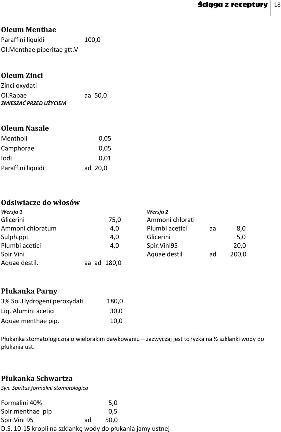 chloratum 4,0 Plumbi acetici aa 8,0 Sulph.ppt 4,0 Glicerini 5,0 Plumbi acetici 4,0 Spir.Vini95 20,0 Spir Vini Aquae destil ad 200,0 Aquae destil. aa ad 180,0 Płukanka Parny 3% Sol.