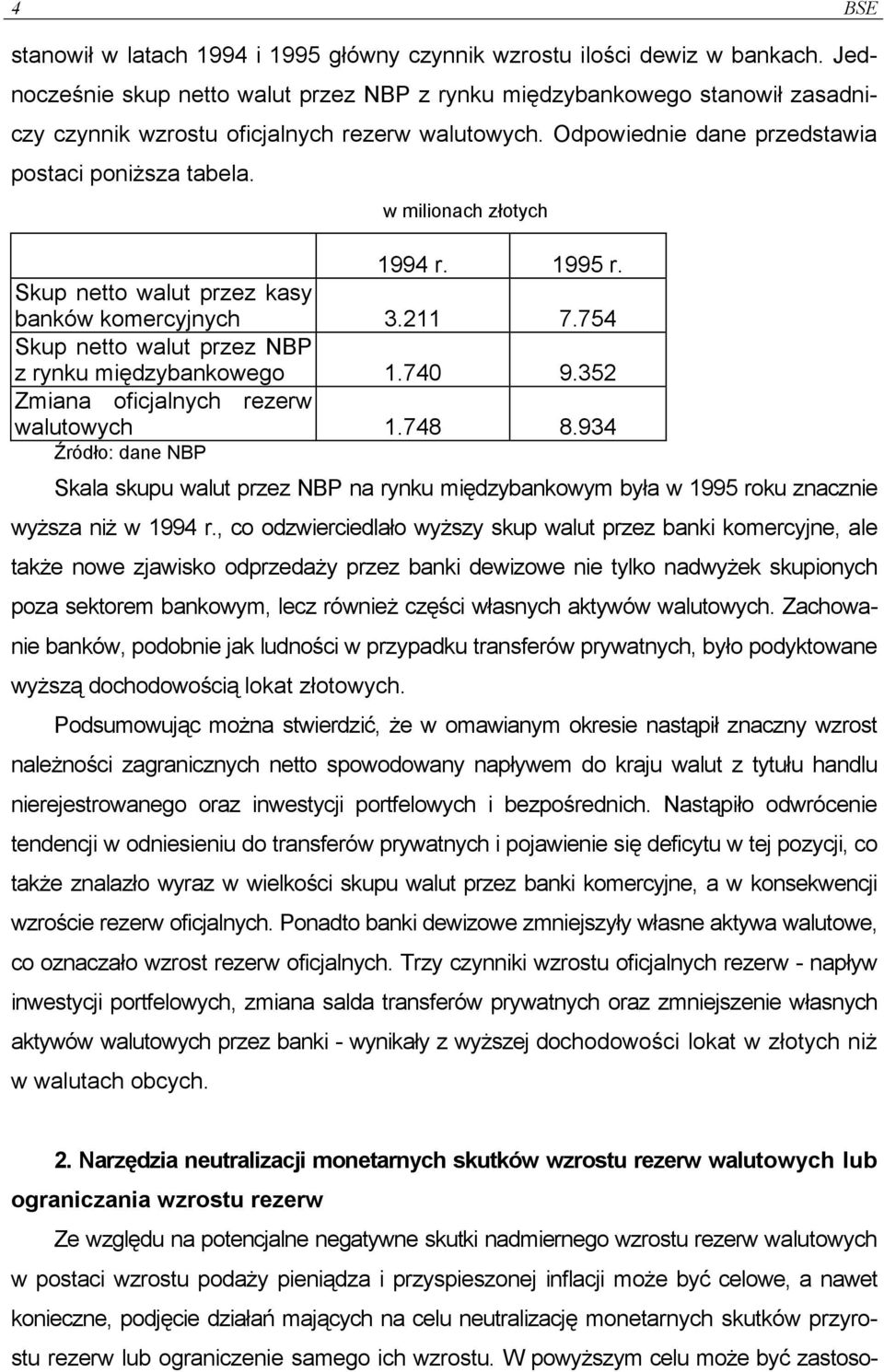 w milionach złotych 1994 r. 1995 r. Skup netto walut przez kasy banków komercyjnych 3.211 7.754 Skup netto walut przez NBP z rynku międzybankowego 1.740 9.352 Zmiana oficjalnych rezerw walutowych 1.