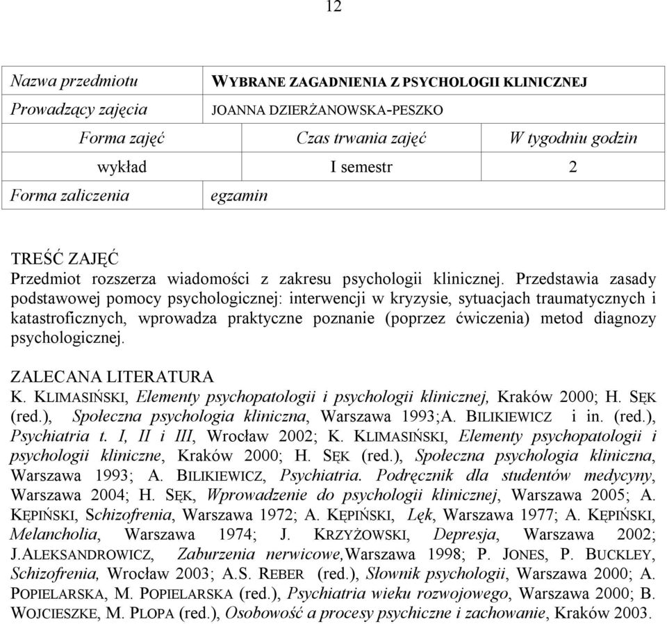 psychologicznej. K. KLIMASIŃSKI, Elementy psychopatologii i psychologii klinicznej, Kraków 2000; H. SĘK (red.), Społeczna psychologia kliniczna, Warszawa 1993;A. BILIKIEWICZ i in. (red.), Psychiatria t.