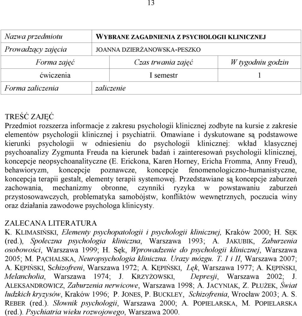 Omawiane i dyskutowane są podstawowe kierunki psychologii w odniesieniu do psychologii klinicznej: wkład klasycznej psychoanalizy Zygmunta Freuda na kierunek badań i zainteresowań psychologii