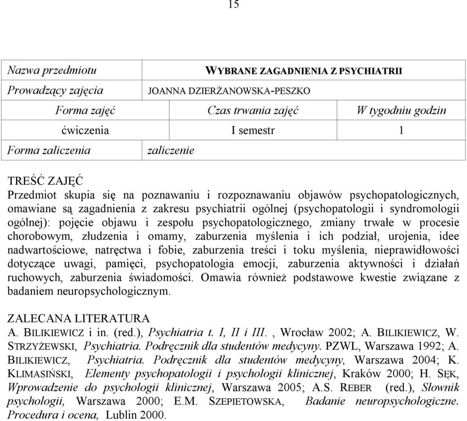 myślenia i ich podział, urojenia, idee nadwartościowe, natręctwa i fobie, zaburzenia treści i toku myślenia, nieprawidłowości dotyczące uwagi, pamięci, psychopatologia emocji, zaburzenia aktywności i