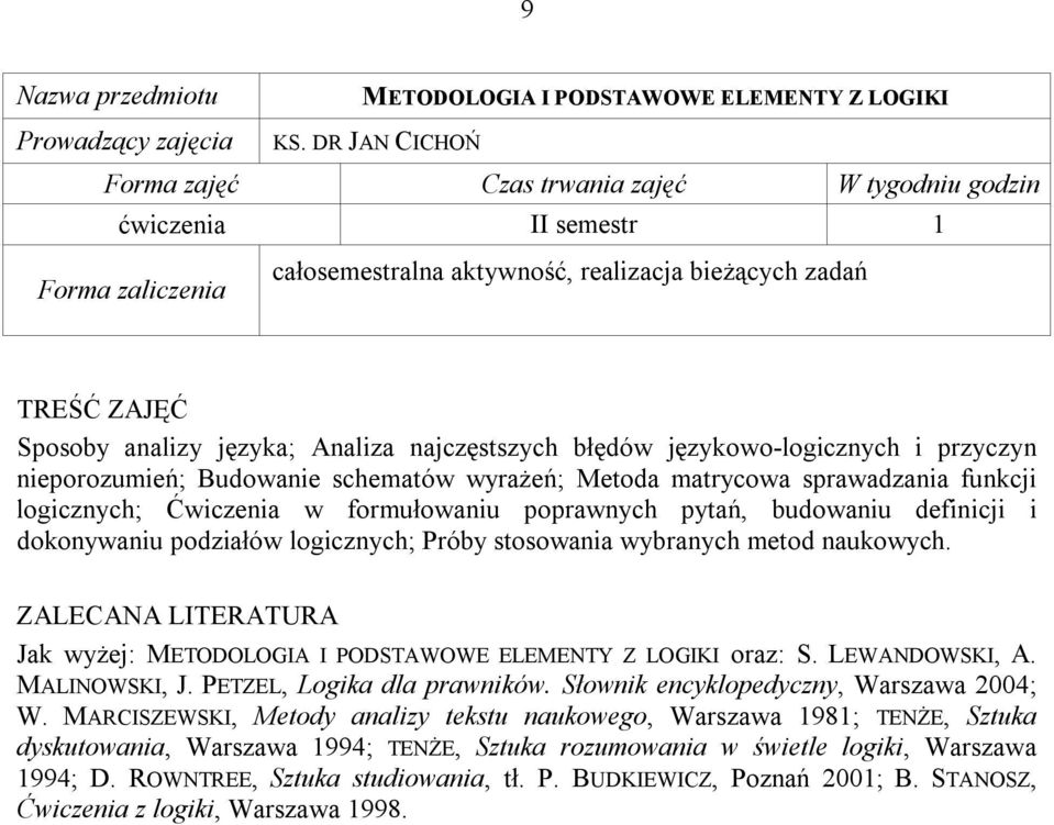 schematów wyrażeń; Metoda matrycowa sprawadzania funkcji logicznych; Ćwiczenia w formułowaniu poprawnych pytań, budowaniu definicji i dokonywaniu podziałów logicznych; Próby stosowania wybranych