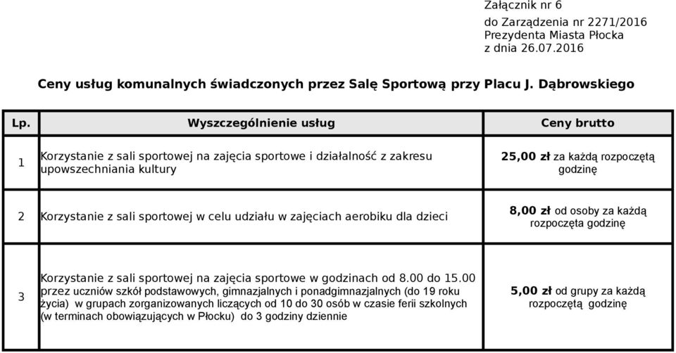 sportowej w celu udziału w zajęciach aerobiku dla dzieci 8,00 zł od osoby za każdą rozpoczęta godzinę 3 Korzystanie z sali sportowej na zajęcia sportowe w godzinach od 8.