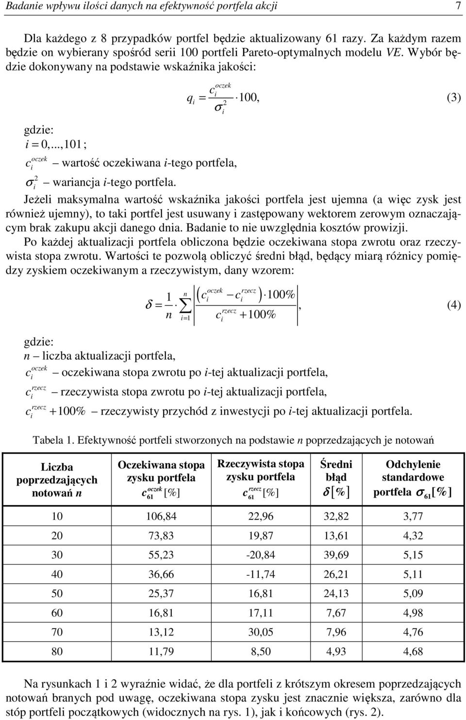 ..,0; oczek c q = 00, σ oczek c wartość oczekwana -tego portfela, σ warancja -tego portfela.